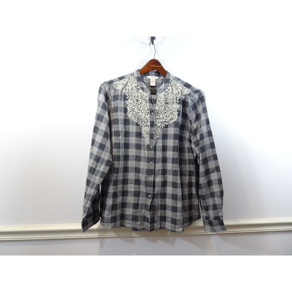 Sundance XL Grey Buffalo Plaid Lace Bib Button Front Cotton Blouse Top Prairie